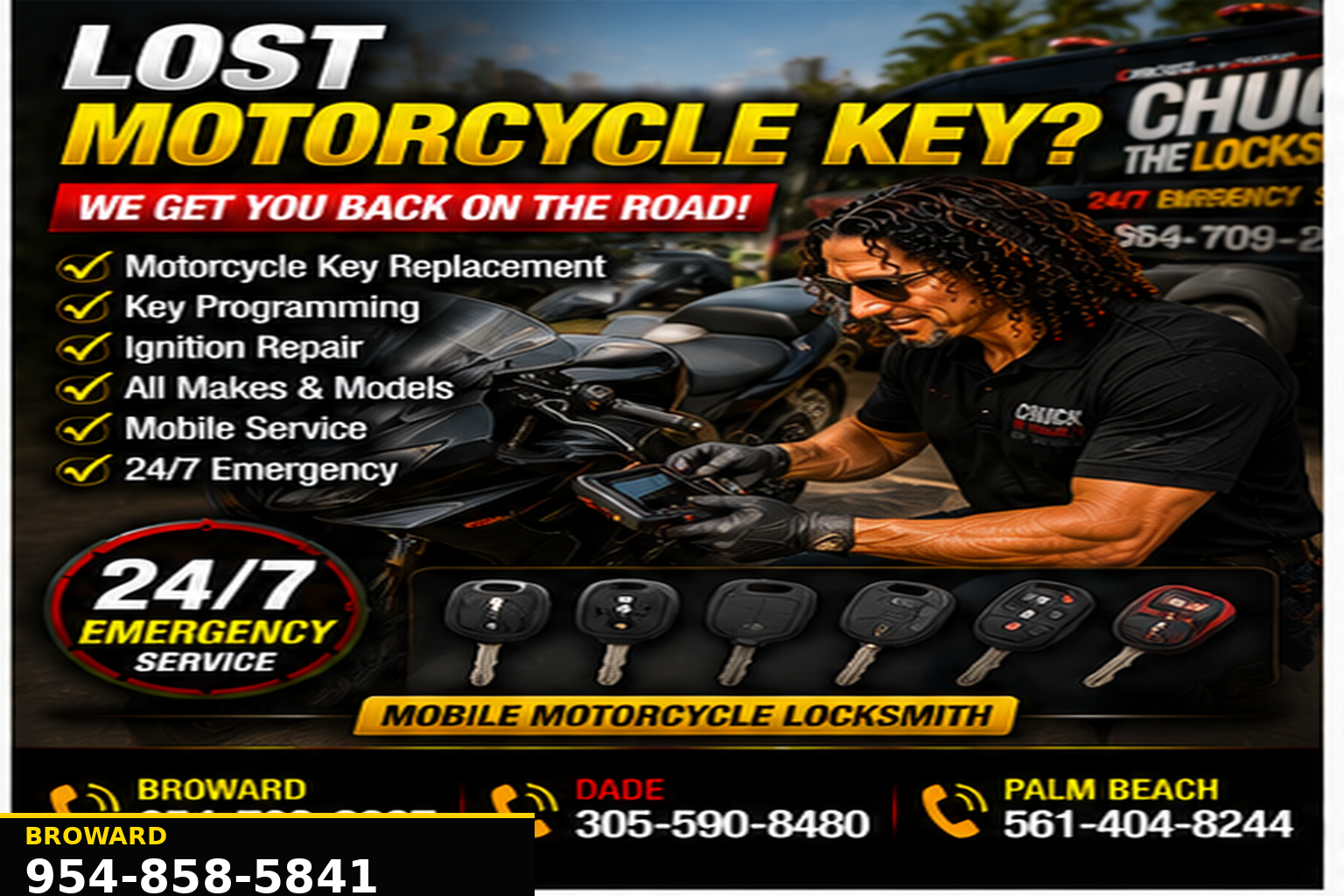 Motorcycle, moped and scooter key replacement service.