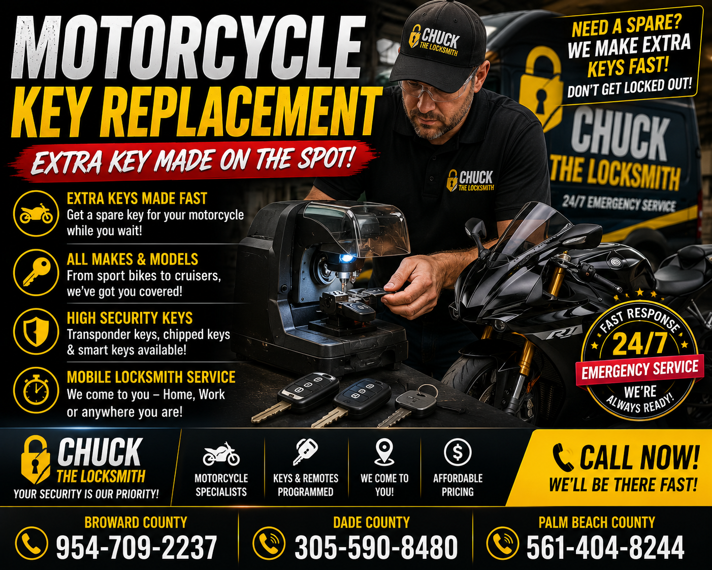 Motorcycle, moped and scooter key replacement service.